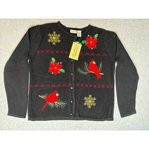 Vintage Classic Elements Black Cardigan Sweater Christmas Cardinal Poinsettia M